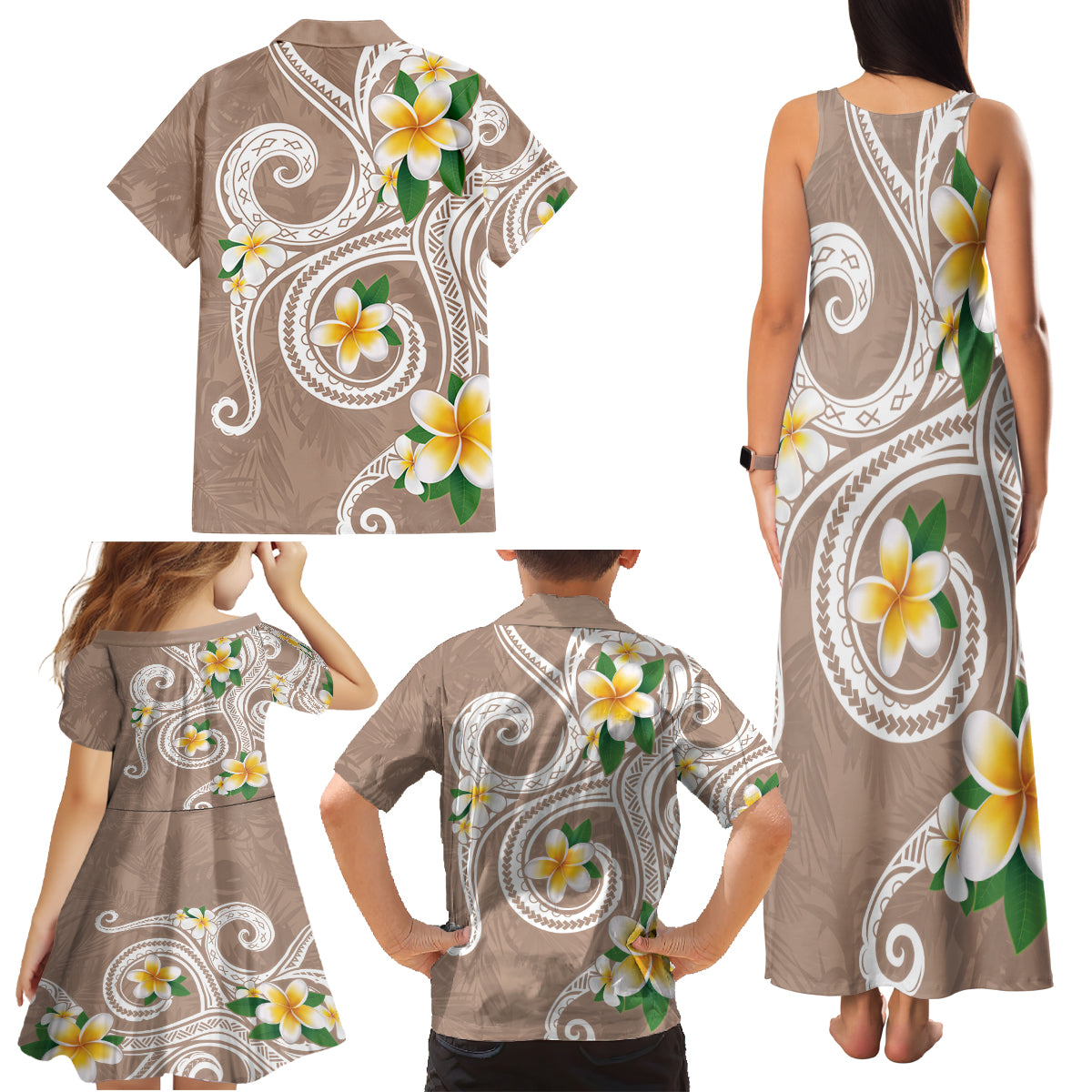 Kanaka Maoli Hawaii Plumeria Family Matching Tank Maxi Dress and Hawaiian Shirt Dancing Tentacles Beige Style LT7 - Polynesian Pride