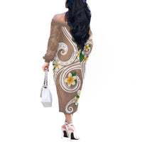 Kanaka Maoli Hawaii Plumeria Off The Shoulder Long Sleeve Dress Dancing Tentacles Beige Style LT7 - Polynesian Pride