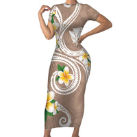 Kanaka Maoli Hawaii Plumeria Short Sleeve Bodycon Dress Dancing Tentacles Beige Style LT7 Long Dress Beige - Polynesian Pride