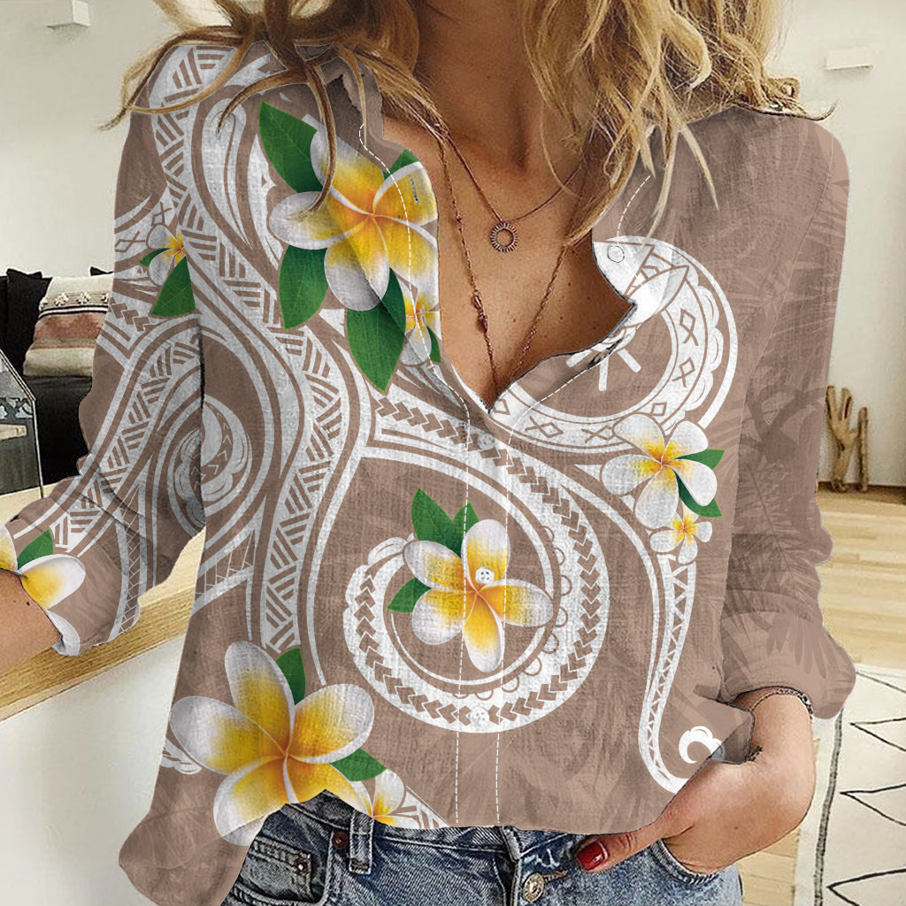 Kanaka Maoli Hawaii Plumeria Women Casual Shirt Dancing Tentacles Beige Style LT7 Female Beige - Polynesian Pride