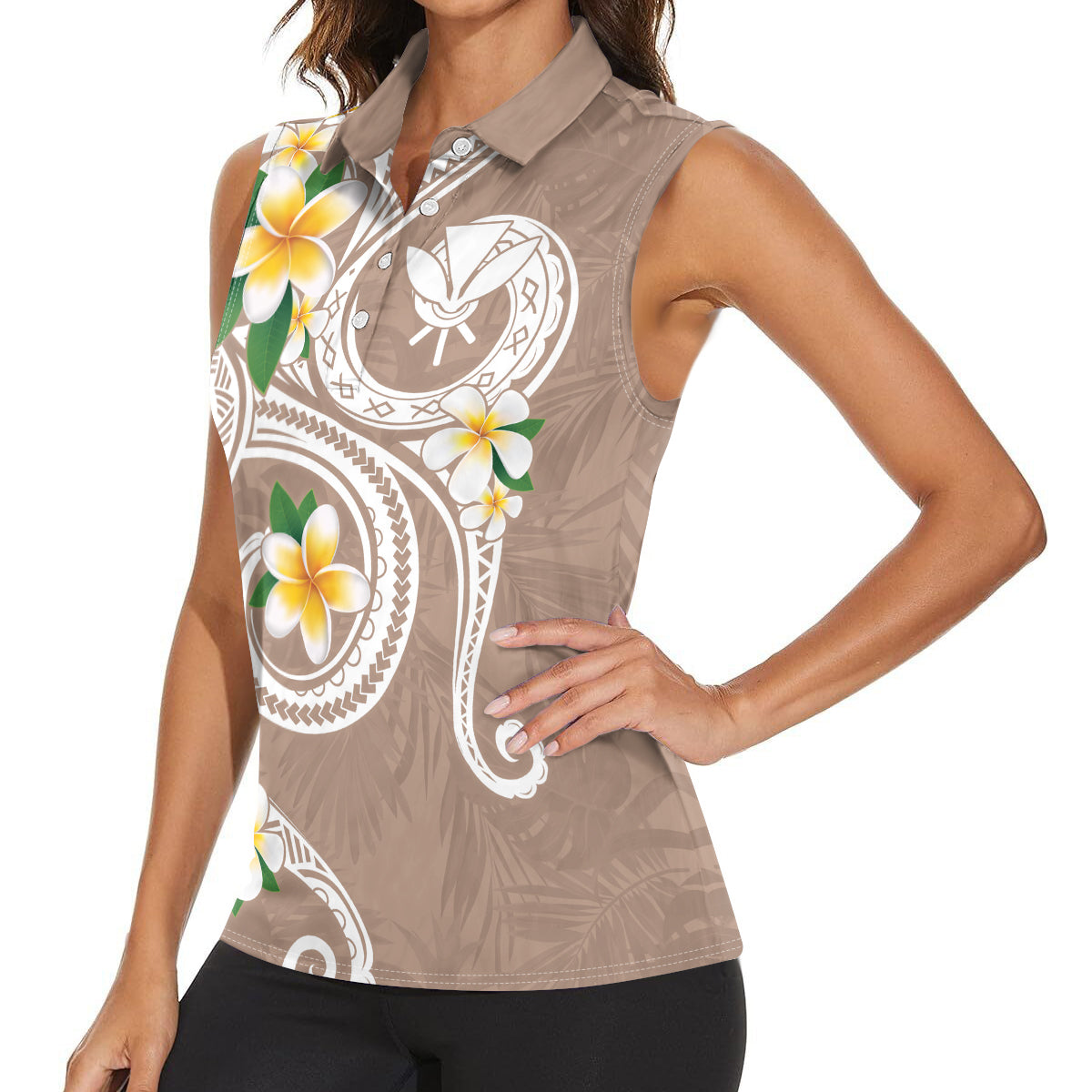 Kanaka Maoli Hawaii Plumeria Women Sleeveless Polo Shirt Dancing Tentacles Beige Style LT7 - Polynesian Pride