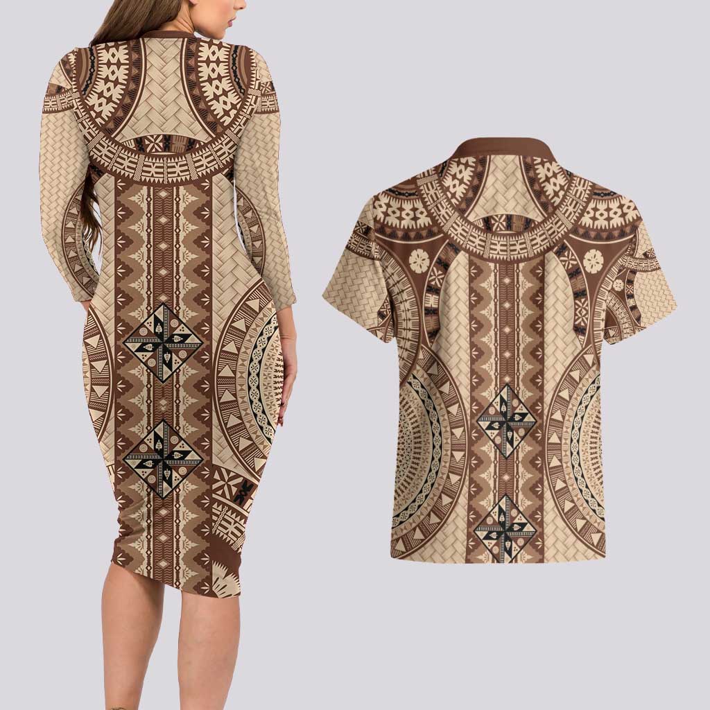 Bula Fiji Vintage Couples Matching Long Sleeve Bodycon Dress and Hawaiian Shirt Brown Masi Motifs LT7 - Polynesian Pride