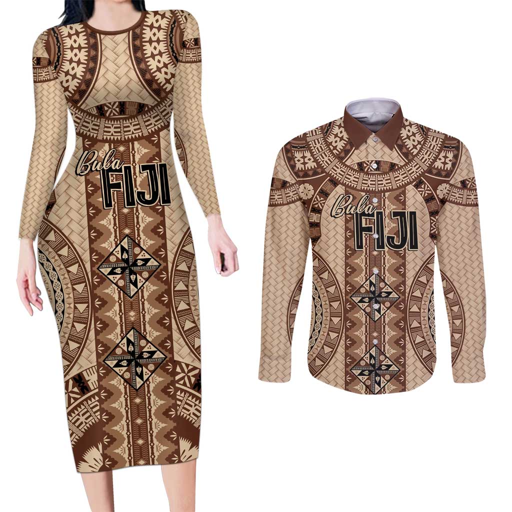 Bula Fiji Vintage Couples Matching Long Sleeve Bodycon Dress and Long Sleeve Button Shirt Brown Masi Motifs LT7 Brown - Polynesian Pride
