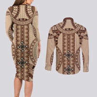 Bula Fiji Vintage Couples Matching Long Sleeve Bodycon Dress and Long Sleeve Button Shirt Brown Masi Motifs LT7 - Polynesian Pride