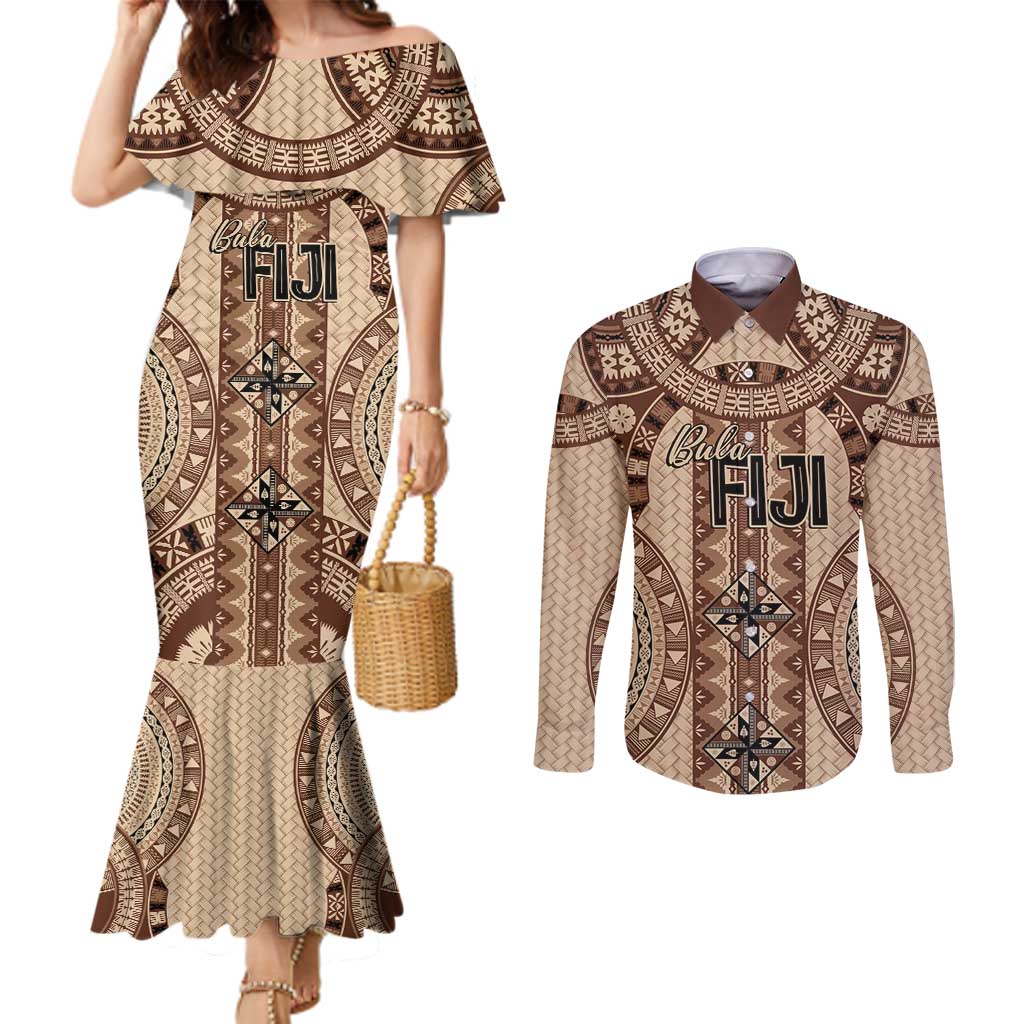 Bula Fiji Vintage Couples Matching Mermaid Dress and Long Sleeve Button Shirt Brown Masi Motifs LT7 Brown - Polynesian Pride