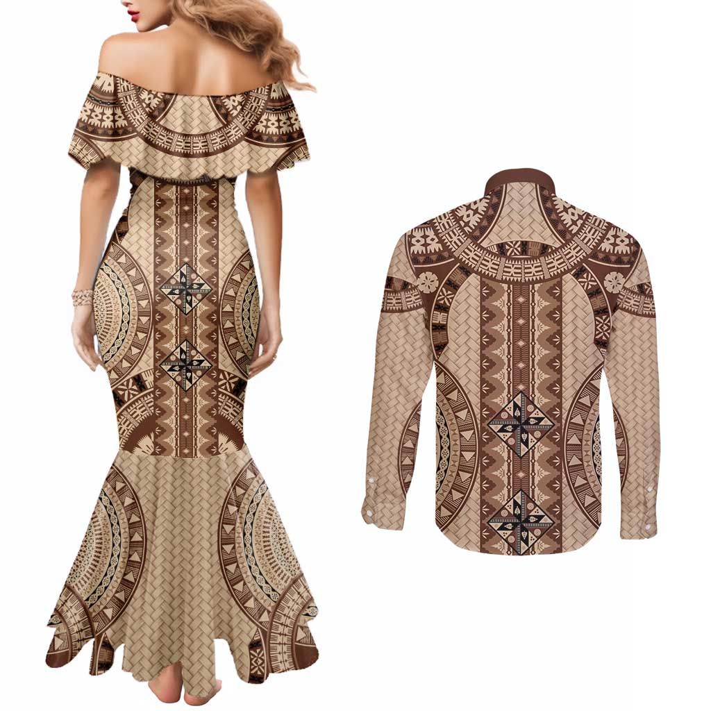 Bula Fiji Vintage Couples Matching Mermaid Dress and Long Sleeve Button Shirt Brown Masi Motifs LT7 - Polynesian Pride