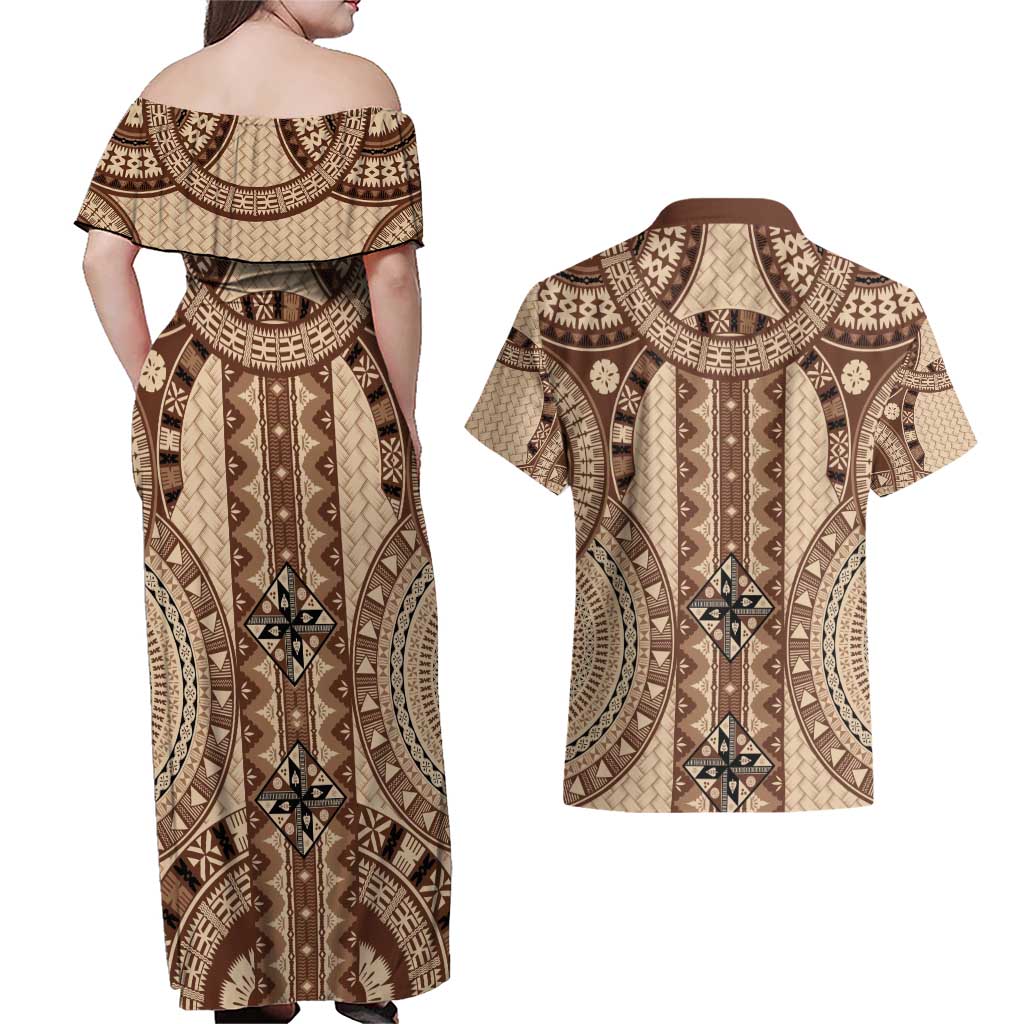 Bula Fiji Vintage Couples Matching Off Shoulder Maxi Dress and Hawaiian Shirt Brown Masi Motifs LT7 - Polynesian Pride