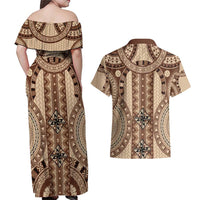 Bula Fiji Vintage Couples Matching Off Shoulder Maxi Dress and Hawaiian Shirt Brown Masi Motifs LT7 - Polynesian Pride