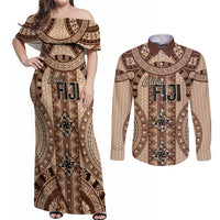 Bula Fiji Vintage Couples Matching Off Shoulder Maxi Dress and Long Sleeve Button Shirt Brown Masi Motifs LT7 Brown - Polynesian Pride