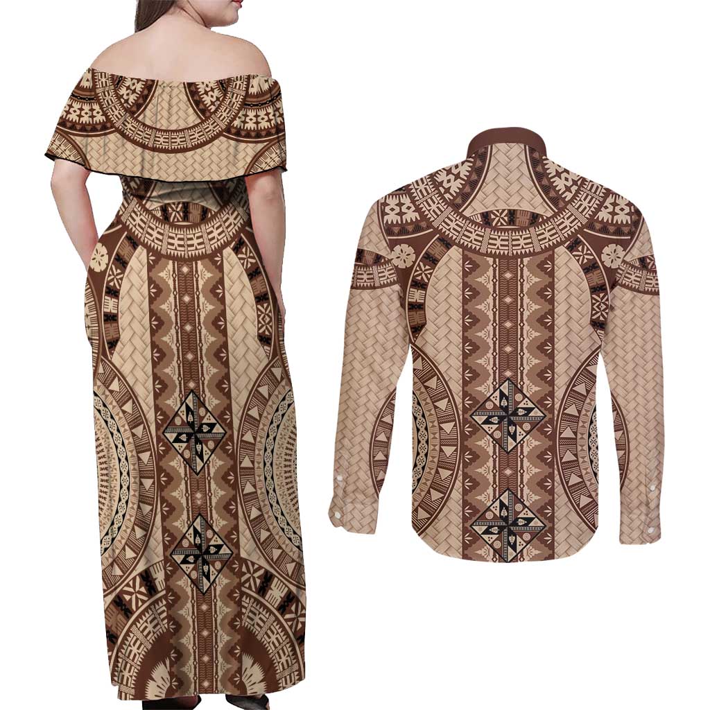 Bula Fiji Vintage Couples Matching Off Shoulder Maxi Dress and Long Sleeve Button Shirt Brown Masi Motifs LT7 - Polynesian Pride