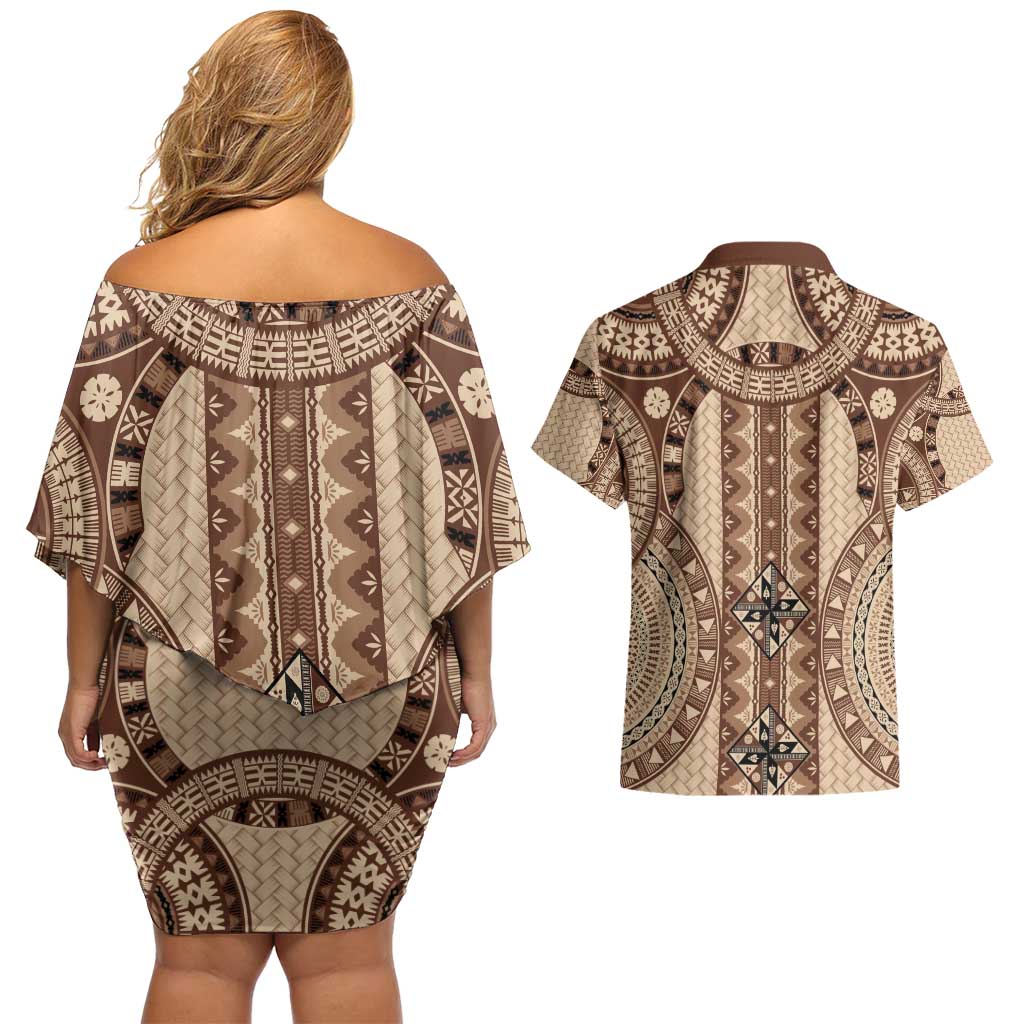 Bula Fiji Vintage Couples Matching Off Shoulder Short Dress and Hawaiian Shirt Brown Masi Motifs LT7 - Polynesian Pride
