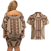 Bula Fiji Vintage Couples Matching Off Shoulder Short Dress and Hawaiian Shirt Brown Masi Motifs LT7 - Polynesian Pride