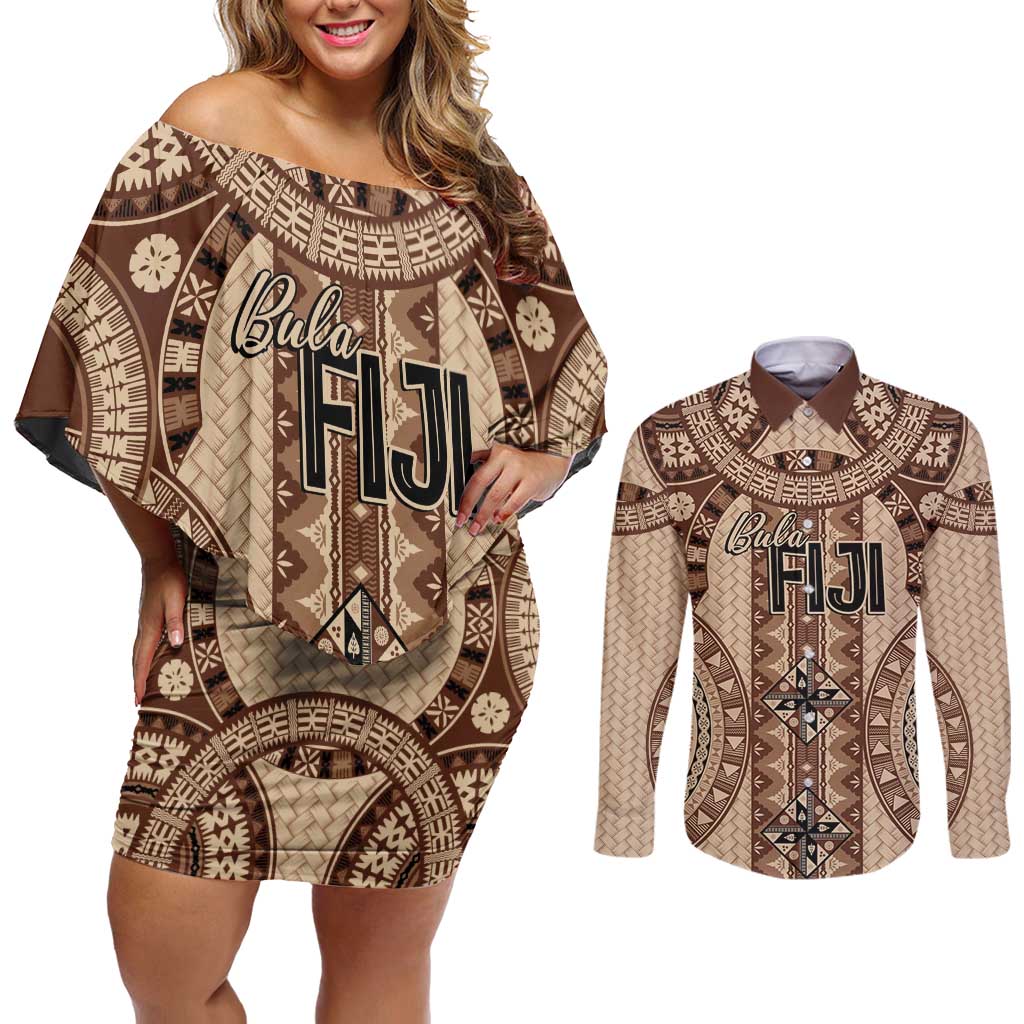 Bula Fiji Vintage Couples Matching Off Shoulder Short Dress and Long Sleeve Button Shirt Brown Masi Motifs LT7 Brown - Polynesian Pride