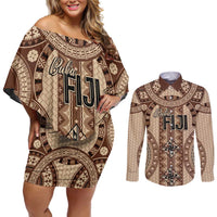 Bula Fiji Vintage Couples Matching Off Shoulder Short Dress and Long Sleeve Button Shirt Brown Masi Motifs LT7 Brown - Polynesian Pride