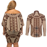 Bula Fiji Vintage Couples Matching Off Shoulder Short Dress and Long Sleeve Button Shirt Brown Masi Motifs LT7 - Polynesian Pride