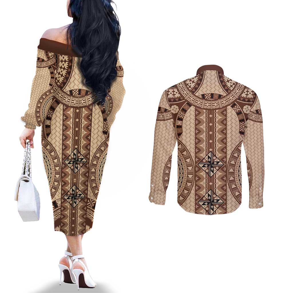 Bula Fiji Vintage Couples Matching Off The Shoulder Long Sleeve Dress and Long Sleeve Button Shirt Brown Masi Motifs LT7 - Polynesian Pride