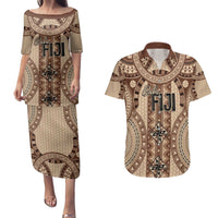 Bula Fiji Vintage Couples Matching Puletasi and Hawaiian Shirt Brown Masi Motifs LT7 Brown - Polynesian Pride