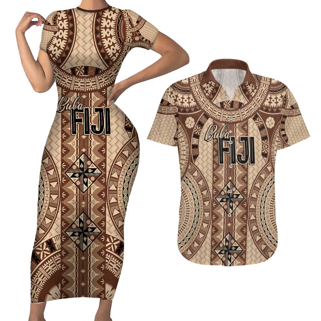 Bula Fiji Vintage Couples Matching Short Sleeve Bodycon Dress and Hawaiian Shirt Brown Masi Motifs LT7 Brown - Polynesian Pride