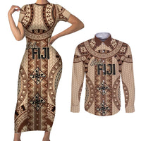 Bula Fiji Vintage Couples Matching Short Sleeve Bodycon Dress and Long Sleeve Button Shirt Brown Masi Motifs LT7 Brown - Polynesian Pride