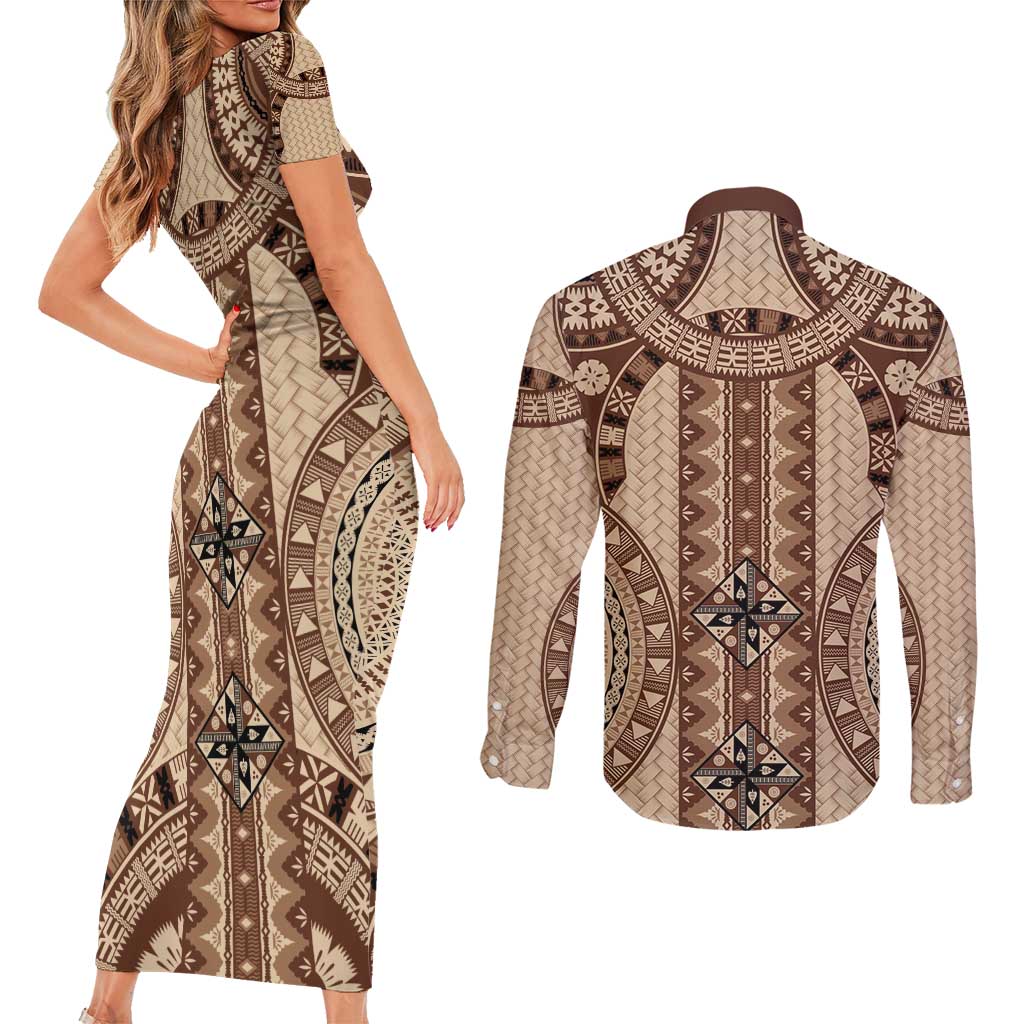 Bula Fiji Vintage Couples Matching Short Sleeve Bodycon Dress and Long Sleeve Button Shirt Brown Masi Motifs LT7 - Polynesian Pride
