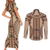 Bula Fiji Vintage Couples Matching Short Sleeve Bodycon Dress and Long Sleeve Button Shirt Brown Masi Motifs LT7 - Polynesian Pride