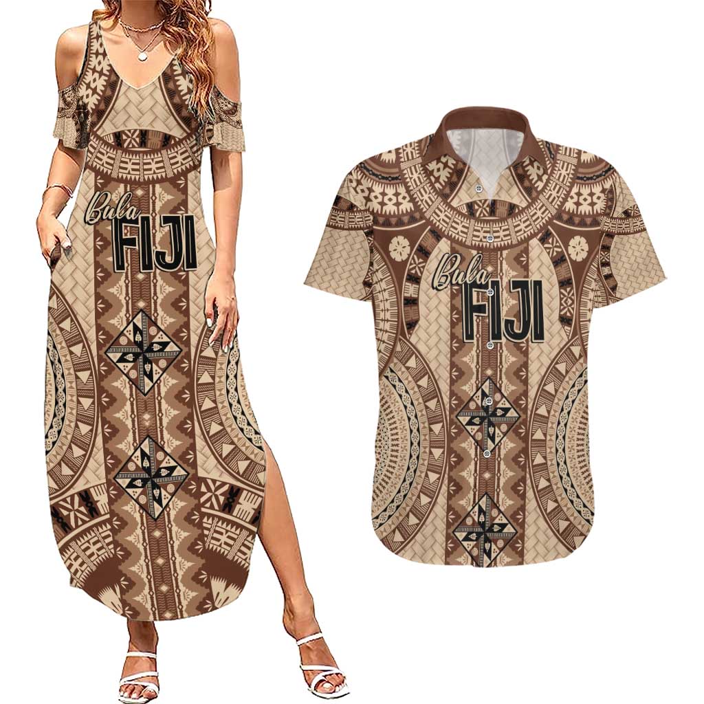Bula Fiji Vintage Couples Matching Summer Maxi Dress and Hawaiian Shirt Brown Masi Motifs LT7 Brown - Polynesian Pride