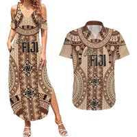 Bula Fiji Vintage Couples Matching Summer Maxi Dress and Hawaiian Shirt Brown Masi Motifs LT7 Brown - Polynesian Pride