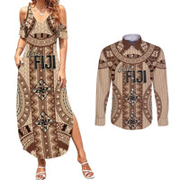 Bula Fiji Vintage Couples Matching Summer Maxi Dress and Long Sleeve Button Shirt Brown Masi Motifs LT7 Brown - Polynesian Pride