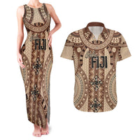 Bula Fiji Vintage Couples Matching Tank Maxi Dress and Hawaiian Shirt Brown Masi Motifs LT7 Brown - Polynesian Pride