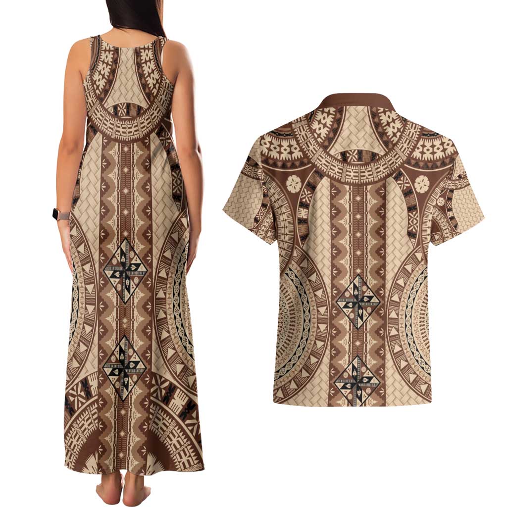 Bula Fiji Vintage Couples Matching Tank Maxi Dress and Hawaiian Shirt Brown Masi Motifs LT7 - Polynesian Pride
