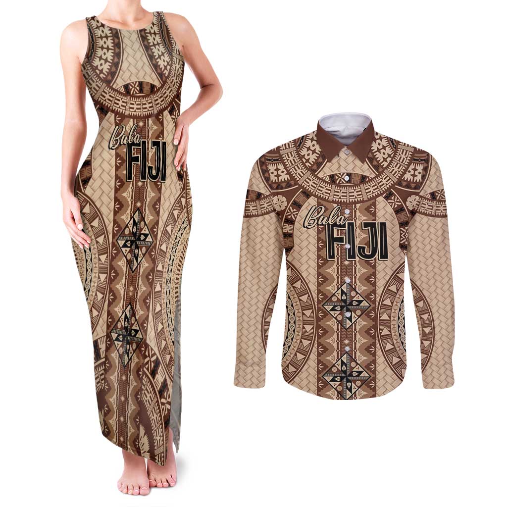 Bula Fiji Vintage Couples Matching Tank Maxi Dress and Long Sleeve Button Shirt Brown Masi Motifs LT7 Brown - Polynesian Pride
