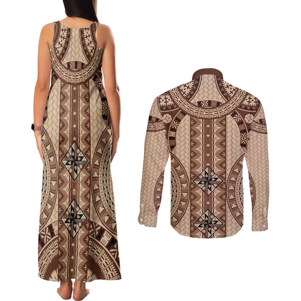 Bula Fiji Vintage Couples Matching Tank Maxi Dress and Long Sleeve Button Shirt Brown Masi Motifs LT7 - Polynesian Pride