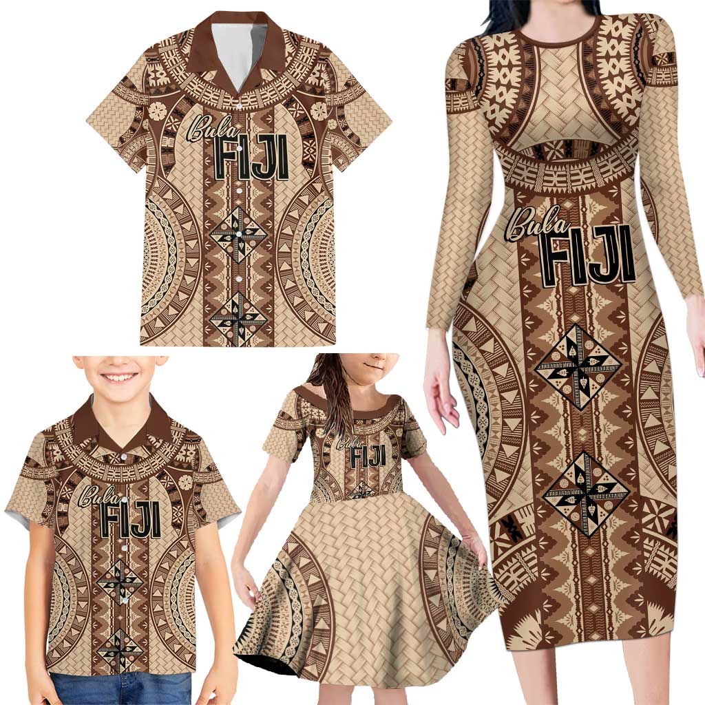 Bula Fiji Vintage Family Matching Long Sleeve Bodycon Dress and Hawaiian Shirt Brown Masi Motifs LT7 - Polynesian Pride