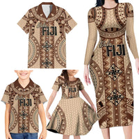 Bula Fiji Vintage Family Matching Long Sleeve Bodycon Dress and Hawaiian Shirt Brown Masi Motifs LT7 - Polynesian Pride