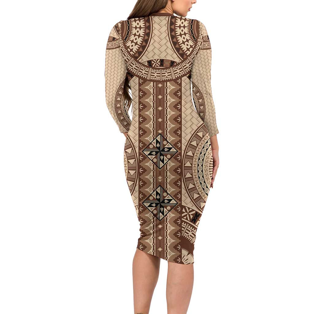 Bula Fiji Vintage Family Matching Long Sleeve Bodycon Dress and Hawaiian Shirt Brown Masi Motifs LT7 - Polynesian Pride