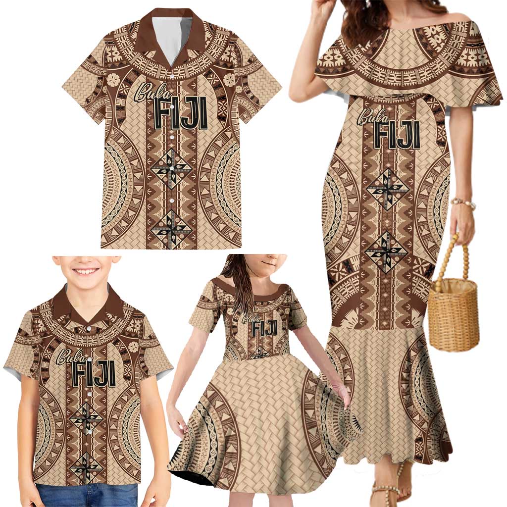 Bula Fiji Vintage Family Matching Mermaid Dress and Hawaiian Shirt Brown Masi Motifs LT7 - Polynesian Pride