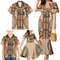 Bula Fiji Vintage Family Matching Mermaid Dress and Hawaiian Shirt Brown Masi Motifs LT7 - Polynesian Pride