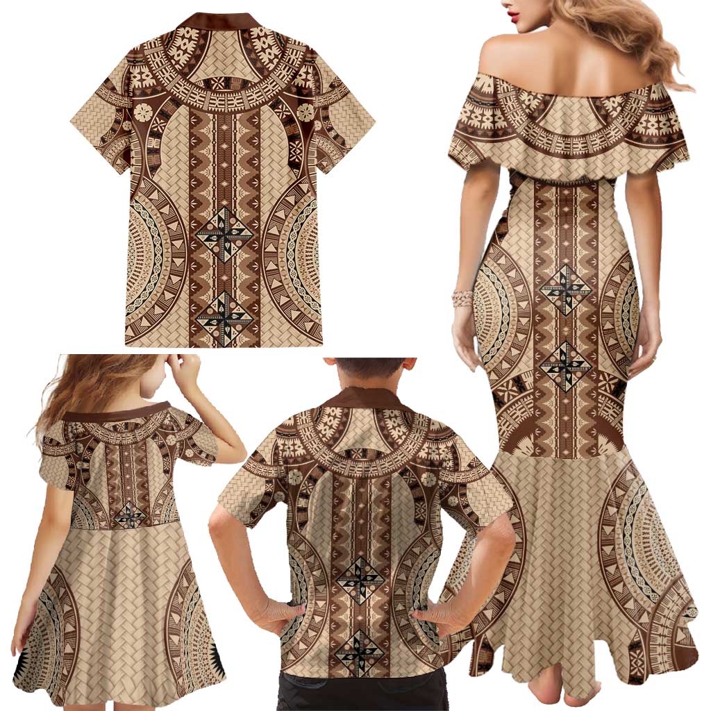 Bula Fiji Vintage Family Matching Mermaid Dress and Hawaiian Shirt Brown Masi Motifs LT7 - Polynesian Pride