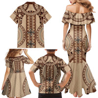 Bula Fiji Vintage Family Matching Mermaid Dress and Hawaiian Shirt Brown Masi Motifs LT7 - Polynesian Pride