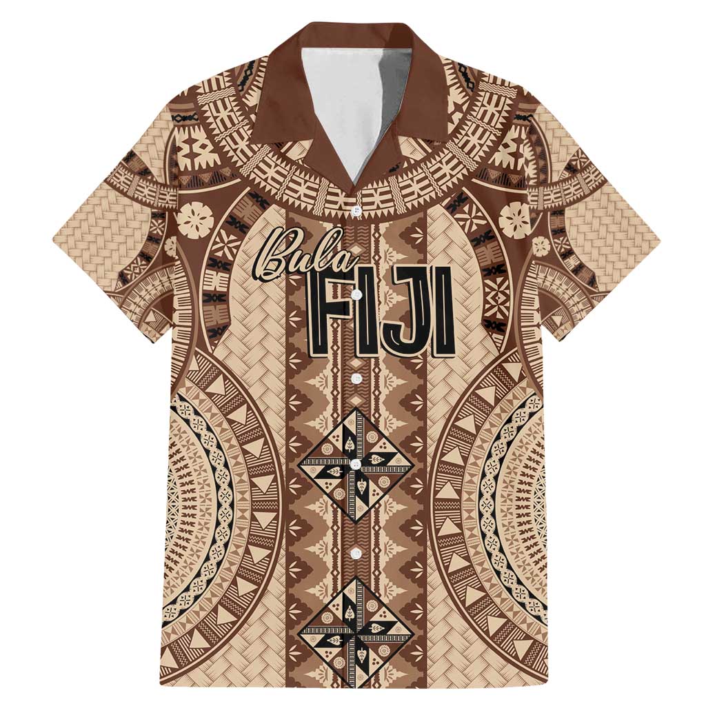 Bula Fiji Vintage Family Matching Mermaid Dress and Hawaiian Shirt Brown Masi Motifs LT7 Dad's Shirt - Short Sleeve Brown - Polynesian Pride