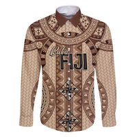 Bula Fiji Vintage Family Matching Mermaid Dress and Hawaiian Shirt Brown Masi Motifs LT7 Dad's Shirt - Long Sleeve Brown - Polynesian Pride