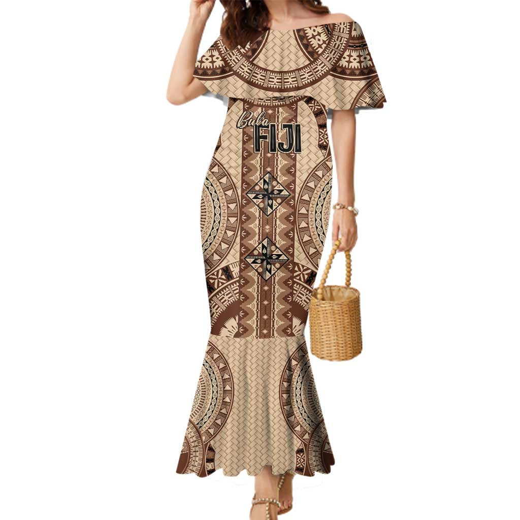 Bula Fiji Vintage Family Matching Mermaid Dress and Hawaiian Shirt Brown Masi Motifs LT7 Mom's Dress Brown - Polynesian Pride