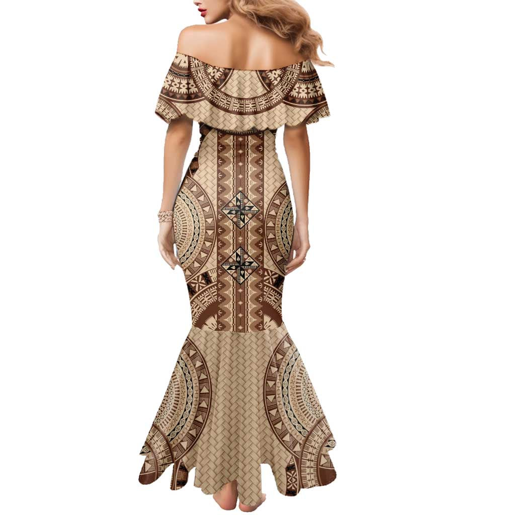Bula Fiji Vintage Family Matching Mermaid Dress and Hawaiian Shirt Brown Masi Motifs LT7 - Polynesian Pride