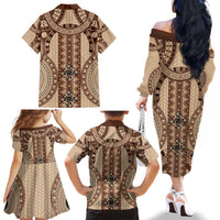 Bula Fiji Vintage Family Matching Off The Shoulder Long Sleeve Dress and Hawaiian Shirt Brown Masi Motifs LT7 - Polynesian Pride