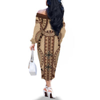 Bula Fiji Vintage Family Matching Off The Shoulder Long Sleeve Dress and Hawaiian Shirt Brown Masi Motifs LT7 - Polynesian Pride
