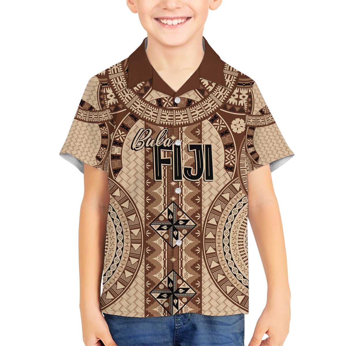 Bula Fiji Vintage Family Matching Off The Shoulder Long Sleeve Dress and Hawaiian Shirt Brown Masi Motifs LT7 Son's Shirt Brown - Polynesian Pride