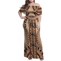 Bula Fiji Vintage Family Matching Off Shoulder Maxi Dress and Hawaiian Shirt Brown Masi Motifs LT7 Mom's Dress Brown - Polynesian Pride