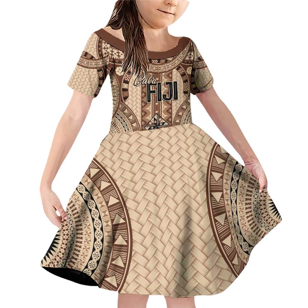 Bula Fiji Vintage Family Matching Off Shoulder Short Dress and Hawaiian Shirt Brown Masi Motifs LT7 Daughter's Dress Brown - Polynesian Pride