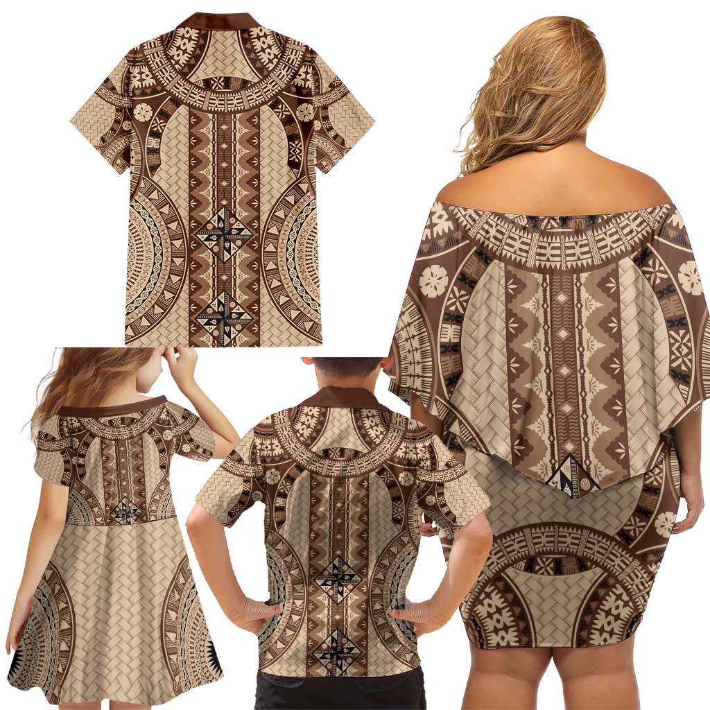 Bula Fiji Vintage Family Matching Off Shoulder Short Dress and Hawaiian Shirt Brown Masi Motifs LT7 - Polynesian Pride