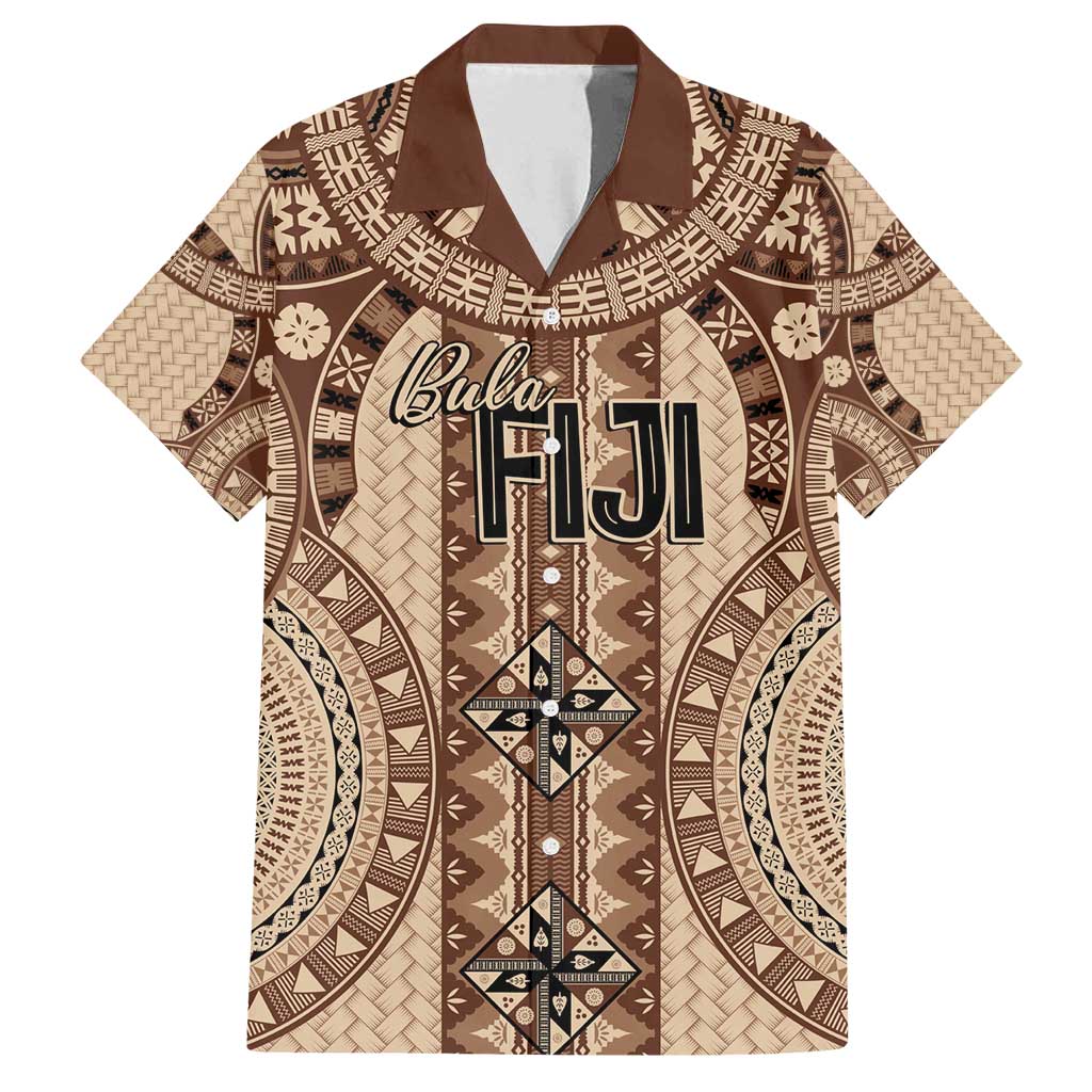 Bula Fiji Vintage Family Matching Off Shoulder Short Dress and Hawaiian Shirt Brown Masi Motifs LT7 Dad's Shirt - Short Sleeve Brown - Polynesian Pride